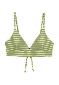 Žali ir balti dryžuotas bikini viršus su trikampiais puodeliais, reguliuojamomis petnešėlėmis ir surišimu priekyje su auksiniais akcentais, pagamintas iš tekstūruotos medžiagos.