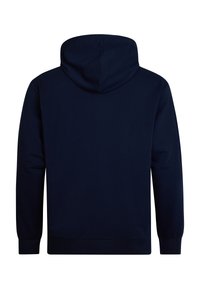 Felpa blu navy realizzata in tessuto morbido. Presenta un cappuccio con coulisse e polsini elasticizzati. Tessuto liscio con un design pulito e semplice.