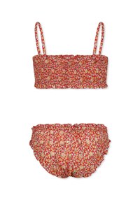 Czerwony bikini w kwiaty z marszczonym topem bandeau z cienkimi ramiączkami oraz pasującymi, wysokimi majtkami, obydwa z drobnym detalem falbanki.