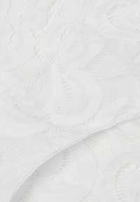 Witte kanten stof met bloem- en paisleymotieven, semi-doorzichtig textuur met een zacht, intricaat ontwerp.