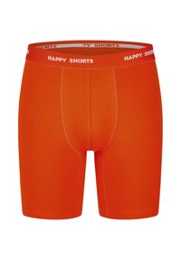 Oranžové boxerkové šortky s hladkou texturou, vybavené bílým elastickým pasem s nápisem "ŠŤASTNÉ ŠORTKY" a zpevněnými švy.