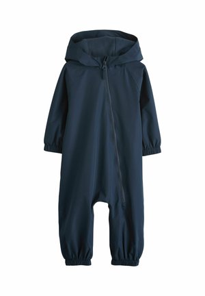 Tmavomodrý nepremokavý jednocestný overal pre batoľatá s kapucňou, šikmým predným zipsom a elastickými manžetami na rukávoch a nohách.