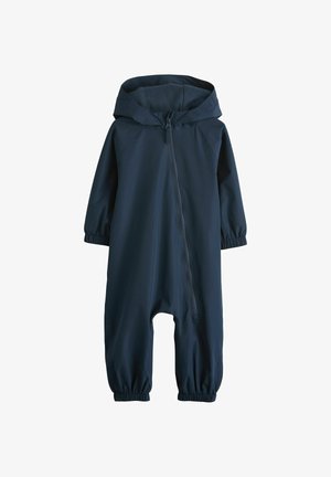 Tamsiai mėlynas vandeniui atsparus vienos dalies mažylio kombinezonas su kapišonu, įstrižiniu priekinio užtrauktuku bei elastingomis rankovių ir kojų apačiomis.