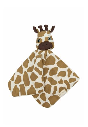 Manta para bebé de color marrón y beige con estampado de jirafa y una cabeza de jirafa sonriente unida a un paño cuadrado suave.
