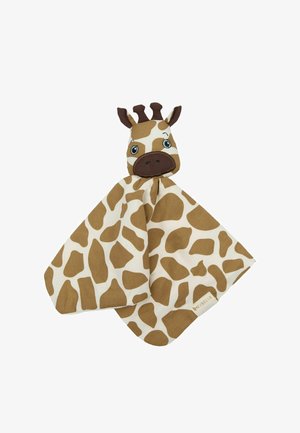 Manta para bebé de color marrón y beige con estampado de jirafa y una cabeza de jirafa sonriente unida a un paño cuadrado suave.