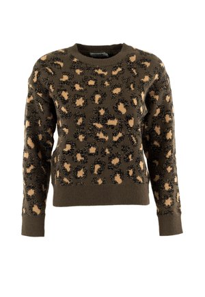 Maglione a maglia marrone con stampa leopardata nera e beige, maniche lunghe e polsini e orlo a coste.