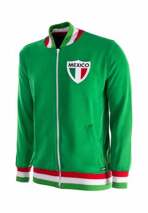 Groene jas met rits met Mexico schildlogo, rood-wit-groen gestreepte kraag, manchetten en tailleband, voorzakken.