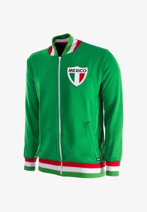 Groene jas met rits met Mexico schildlogo, rood-wit-groen gestreepte kraag, manchetten en tailleband, voorzakken.