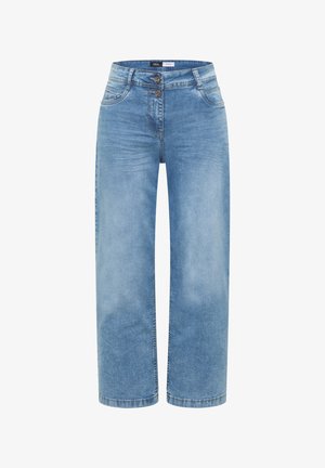 Jasnoniebieskie dżinsy o wysokim stanie, szerokie nogawki, z podwójnym zapięciem na guziki, przednimi kieszeniami i delikatnym wyblaknięciem na udach oraz kolanach.