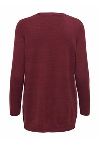 Cardigan en tricot bourgogne, manches longues, col rond, poignets et ourlet côtelés, texture douce, fentes sur les côtés en bas pour faciliter le mouvement.