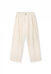 Crème-kleurige wijde broek met plooien, elastische tailleband en zijzakken. Gladde stofstructuur, rechte snit aan de onderkant.