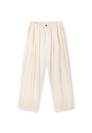 Crème-kleurige wijde broek met plooien, elastische tailleband en zijzakken. Gladde stofstructuur, rechte snit aan de onderkant.