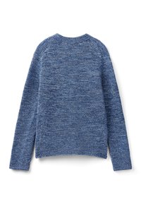 Blauer Strickpullover mit langen Ärmeln, strukturiertem Stoff, runder Halslinie und seitlichen Schlitzen am Saum. Die Rückansicht zeigt eine einheitliche Farbe und Muster.