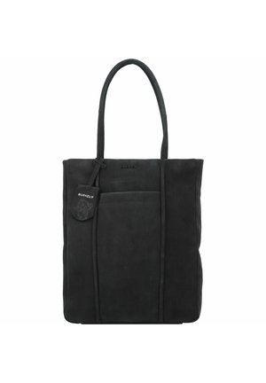 Sort rektangulær tote-taske med lange dobbelte håndtag, frontlomme og en lille hængende mærkat med påskriften "Burkely."