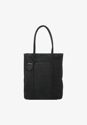 Czarna prostokątna torba typu tote z długimi podwójnymi uchwytami, przednią kieszenią oraz małą zawieszką z napisem "Burkely".