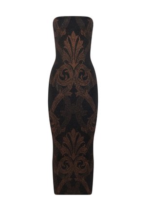 Abito midi senza spalline di colore nero, realizzato in un tessuto texturizzato, con un intricata fantasia floreale bronzo su tutta la superficie. Silhouette aderente.