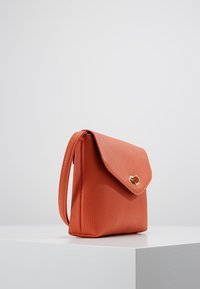 Orange leather handbag with a textured surface, a flap closure, and a gold accent detail, featuring a single handle and an angular shape.