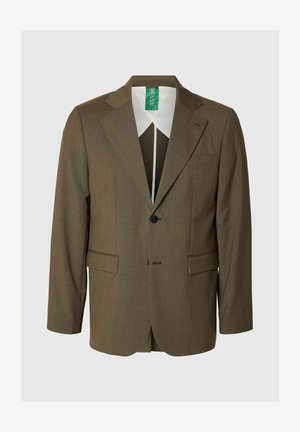 Pruun jakk siledama pinnaga, ühe nupuga sulgemine, sälguga reväärid ja kaks esitaskut. Valge sisemine krae koos sildiga.