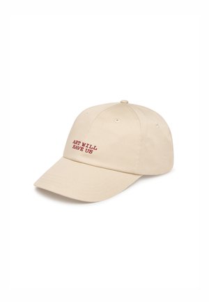 Beige cap made of cotton with a curved brim. Features red embroidered text "ART WILL SAVE US" on the front. Six-panel design with eyelets.