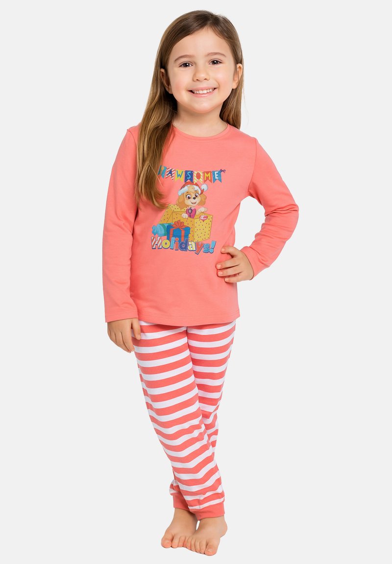 Coral long-sleeve pajama top with graphic print, paired with pink and white striped pants. Soft fabric, relaxed fit, and comfortable design.