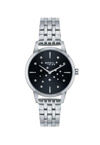 Montre en métal argenté avec un cadran noir texturé, ornée d'index d'heure scintillants, bracelet en maillons durable et aiguilles argentées simples.