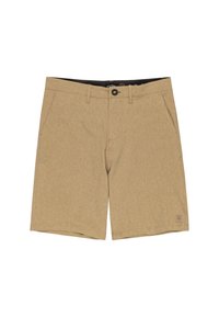 Beige shorts made from textured fabric, featuring front pockets, a button closure, and a brand logo on the left hem.