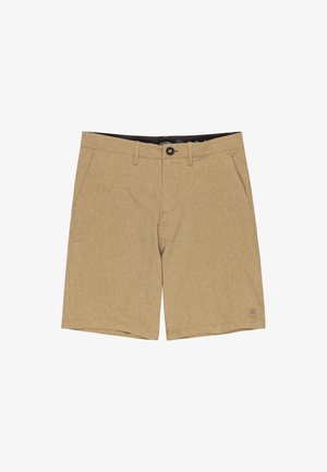 Beige shorts made from textured fabric, featuring front pockets, a button closure, and a brand logo on the left hem.