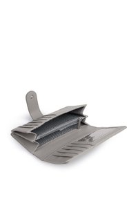 Light gray wallet made of leather with a textured design. Features multiple card slots, a zippered pocket, and a snap closure.