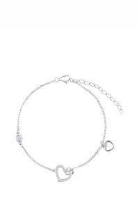 Srebrna bransoletka z dwoma splecionymi sercami, z których jedno zdobione jest małymi, przezroczystymi kamieniami, a drugie to mniejsze serduszko. Regulowana długość łańcuszka.