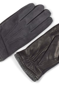 Guanti in pelle con un esterno in suede grigio e un palmo in pelle nera, con un polsino in maglia grigia testurizzata e dettagli cuciti sul retro.