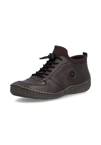 Chaussure décontractée en cuir marron foncé avec lacet élastique noir, bout rond, semelle texturée et logo rond sur le côté.