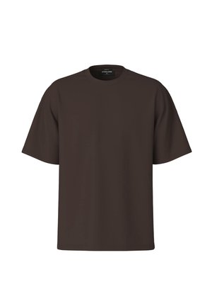 Schlichtes dunkelbraunes T-Shirt mit kurzen Ärmeln und rundem Halsausschnitt, flach auf weißem Hintergrund gezeigt.