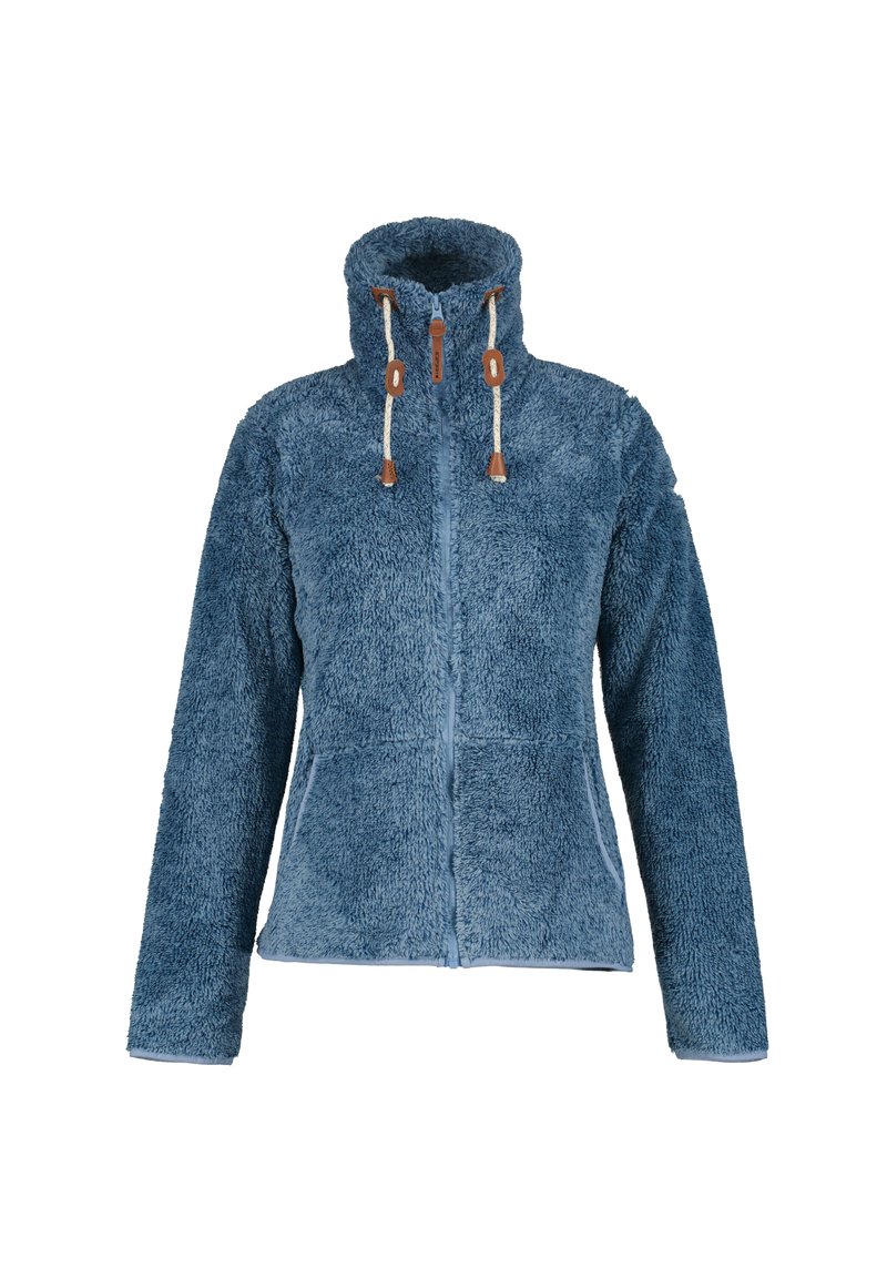 Fluffy blauwe jas met hoge kraag, ritssluiting en trekkoorden. Bevat zijzakken en een gestructureerde stof.
