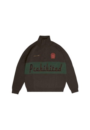Brown zippered sweatshirt featuring a green stripe with "Prohibited" in yellow lettering and a red emblem on the left chest. Soft texture.
