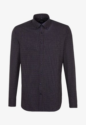 Męska koszula z długim rękawem, zapinana na guziki, z ciemnoniebieskim i fioletowym drobnym wzorem w kratę oraz kołnierzykiem.