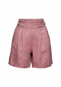 Shorts taille haute en lin rose avec plis, deux boutons décoratifs à la taille, et une texture lisse et douce.