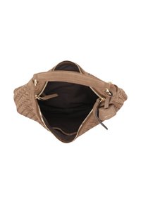 Brown woven leather handbag with a zip closure, an interior pocket, and a smooth fabric lining. Includes a removable tag for customization.