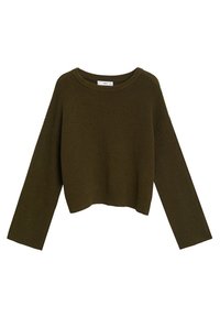 Olijfgroene cropped trui met een ribbelstructuur, ronde halslijn en lange, brede mouwen. Heeft een relaxed fit en een minimalistisch design.