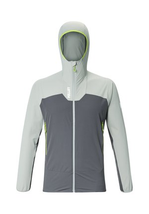 Veste à capuche gris clair et gris foncé avec fermeture éclair frontale, poches latérales zippées et logo "MILLET" sur la poitrine.