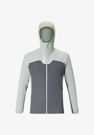 Veste à capuche gris clair et gris foncé avec fermeture éclair frontale, poches latérales zippées et logo "MILLET" sur la poitrine.