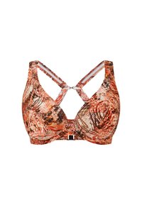 Multicolored bra with a vibrant orange, brown, and cream pattern. Features a soft fabric, adjustable crisscross straps, and a front clasp.
