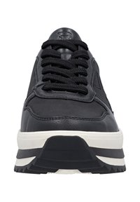 Black leather sneaker with textured upper, featuring black laces, a rubber sole with white accents, and a rounded toe design.