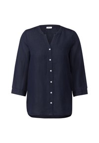 Camicia di lino blu navy con colletto arrotondato, sette bottoni sul davanti e maniche a tre quarti. Tessuto liscio e orlo leggermente curvato.