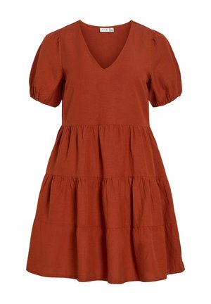 Rūdžių atspalvio sluoksniuota suknelė su V formos iškirpte ir trumpomis pūstomis rankovėmis, laisvo silueto ir surinktų siūlių, kurios sukuria laisvą siluetą.