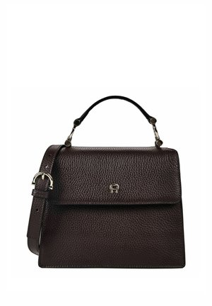 Dark brown textured leather handbag with top handle, adjustable shoulder strap, and small silver logo on front flap.