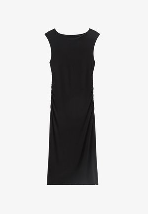 Ärmelloses schwarzes Midikleid mit hohem Ausschnitt und subtiler seitlicher Raffung, maßgeschneidert für eine taillierte Silhouette.