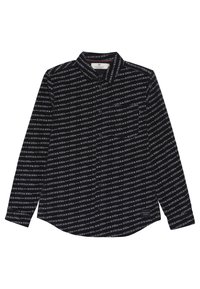 Chemise noire à boutons avec un motif de texte blanc répété "SCOTCH & SODA". Manches longues et détail de col classique avec un ourlet arrondi.