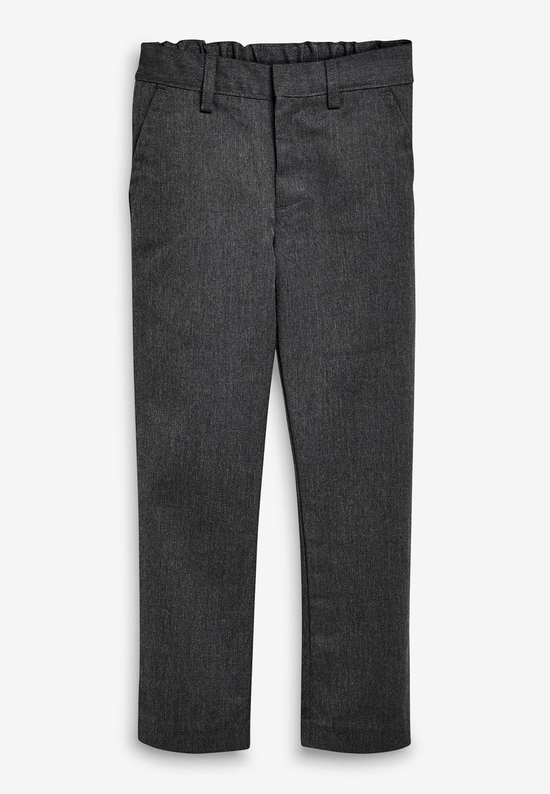 Pantalon gris foncé à jambes droites avec passants pour ceinture et poches avant, posé à plat sur un fond blanc.