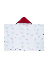 Hooded towel in white fabric featuring a red hood. Design includes pastel sea creature patterns like crabs and shells. Soft texture.