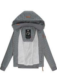 Hoodie gris avec un motif en zigzag, doté d'une doublure intérieure douce, de poignets côtelés et d'une capuche ajustable. Comprend une étiquette décorative à l'intérieur.